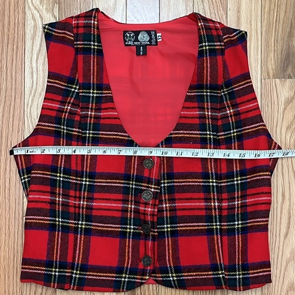 Red Plaid Sleeveless Wool Vest with Gold Buttons - size 12 - Picture 6 of 7